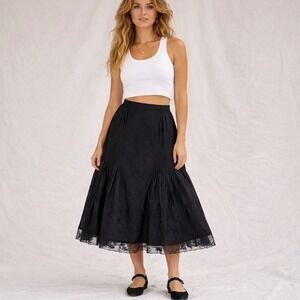 Vintage Midi Skirt Cotton Embroidered Pintuck Mesh Hem Black Sz 4 Whimsigoth Emo